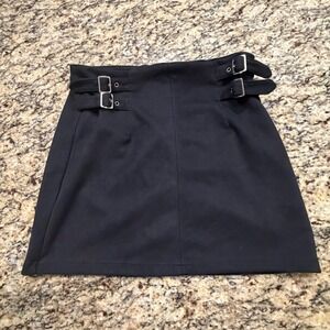 Iris Womens Black Faux Suede Double Buckle High Waist Mini Skirt Size L‎